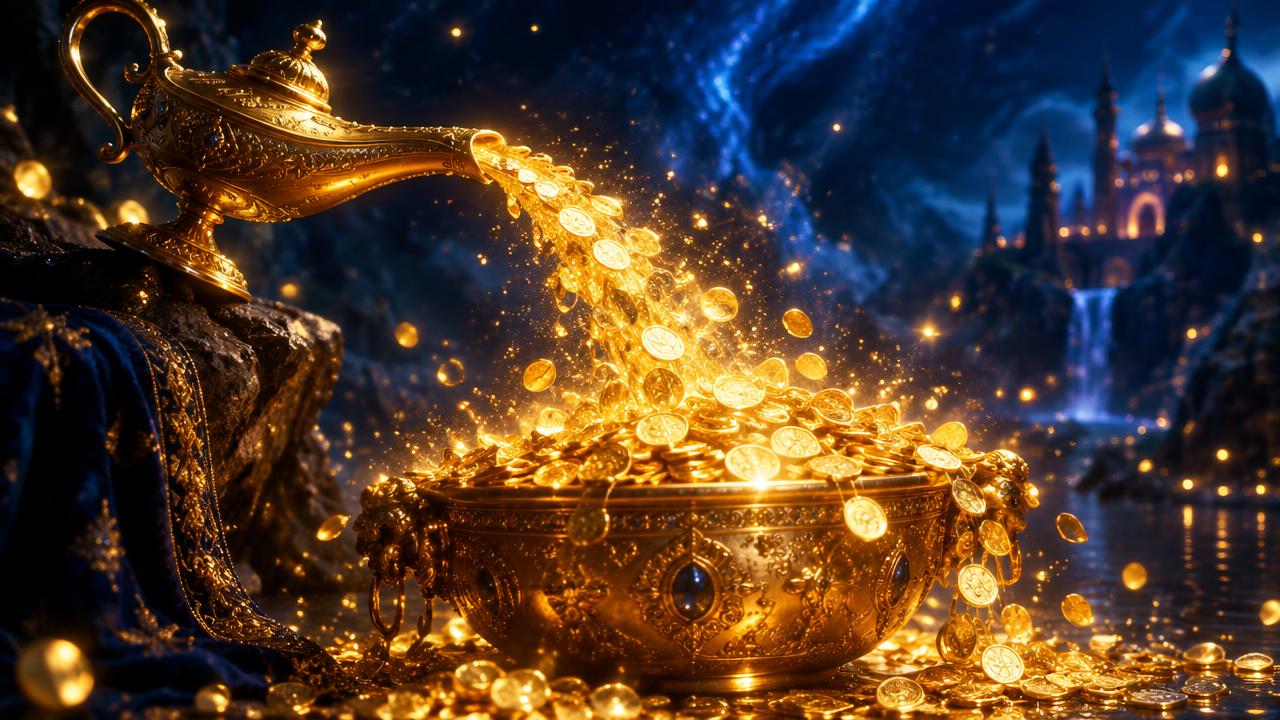 A golden genie lamp pouring an endless stream of golden coins and light into an overflowing treasure bowl