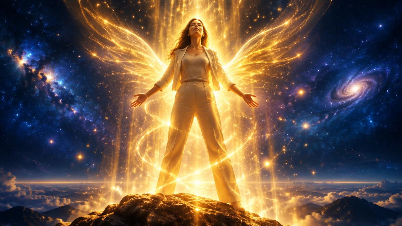 A person standing tall and confident, wrapped in radiant golden light and golden energy wings