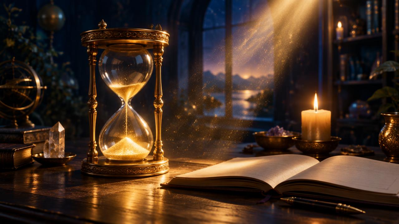A golden hourglass with glowing sand beside an open journal and a candle in a dark mystical study