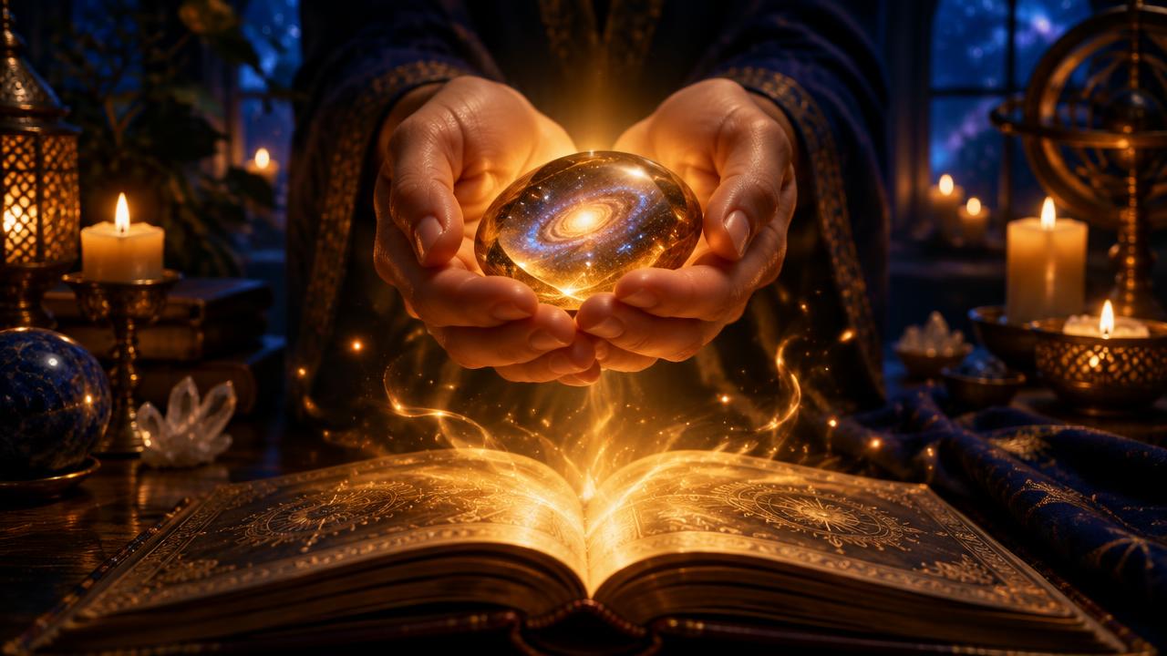 Hands holding a glowing golden gratitude stone above an open ornate journal in warm candlelight