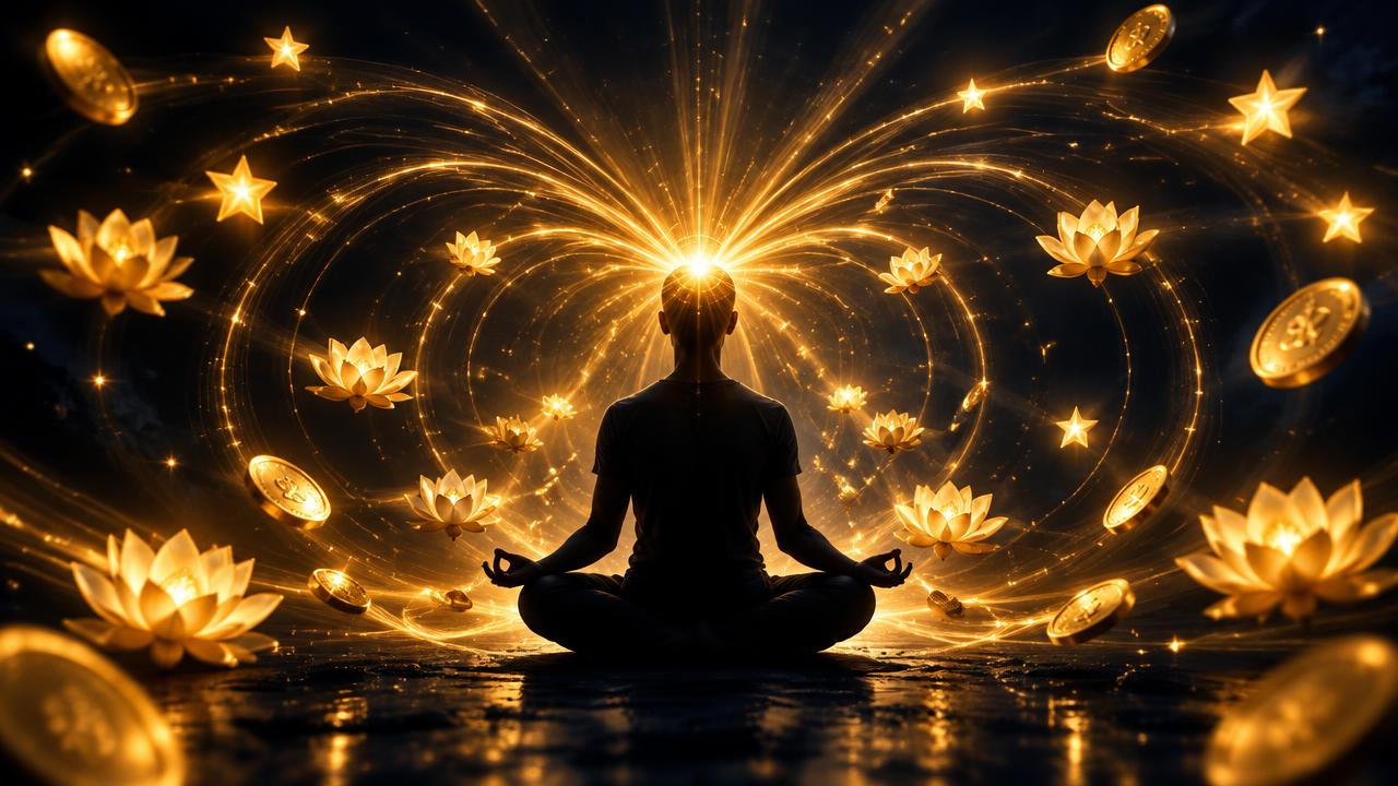 A person meditating as waves of golden light draw stars, lotus flowers and golden coins toward them