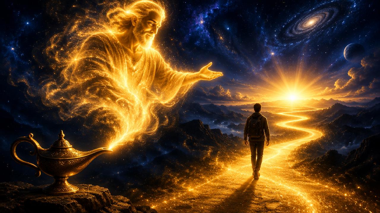 A radiant golden genie-like spirit rising from an antique lamp, lighting a golden path for a person to follow