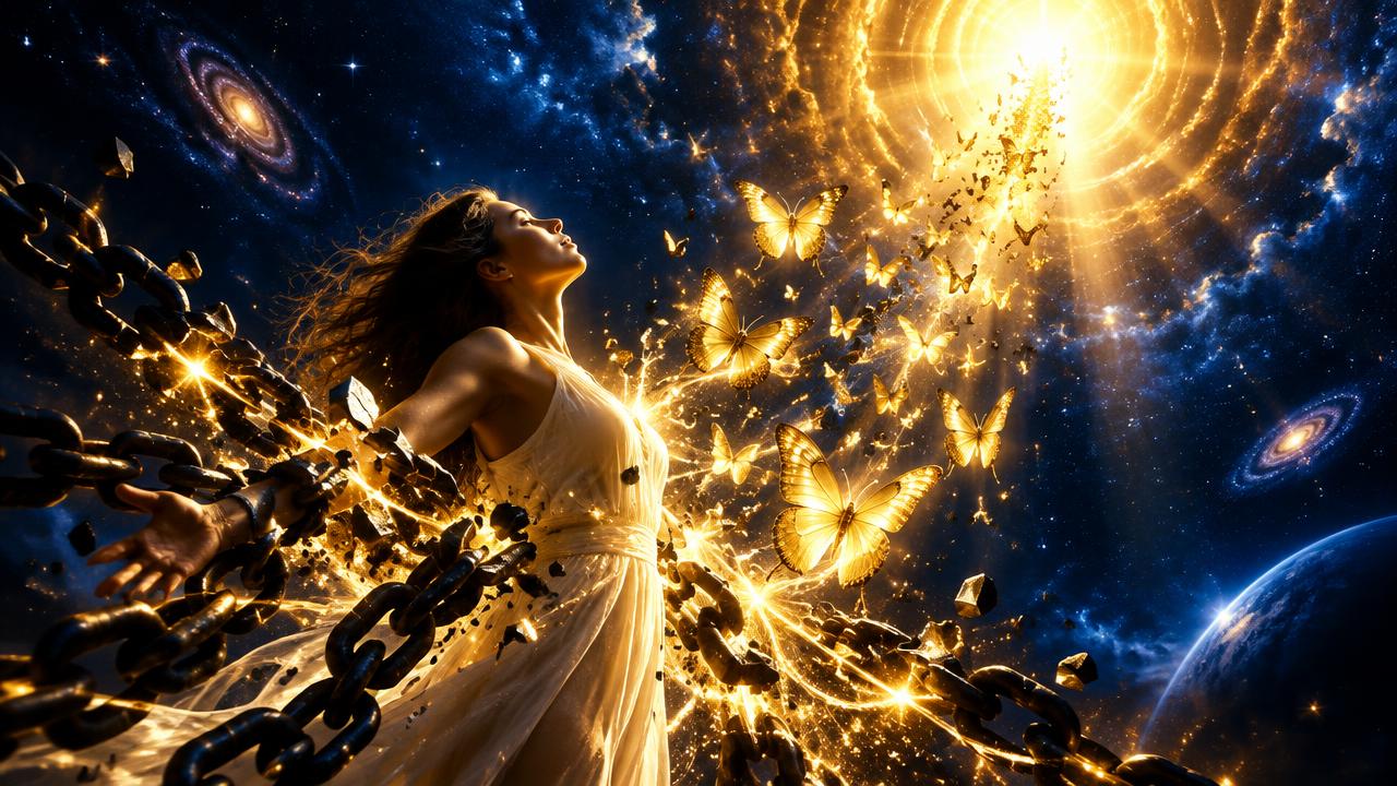 Golden chains shattering into light as golden butterflies rise toward a radiant portal in the night sky