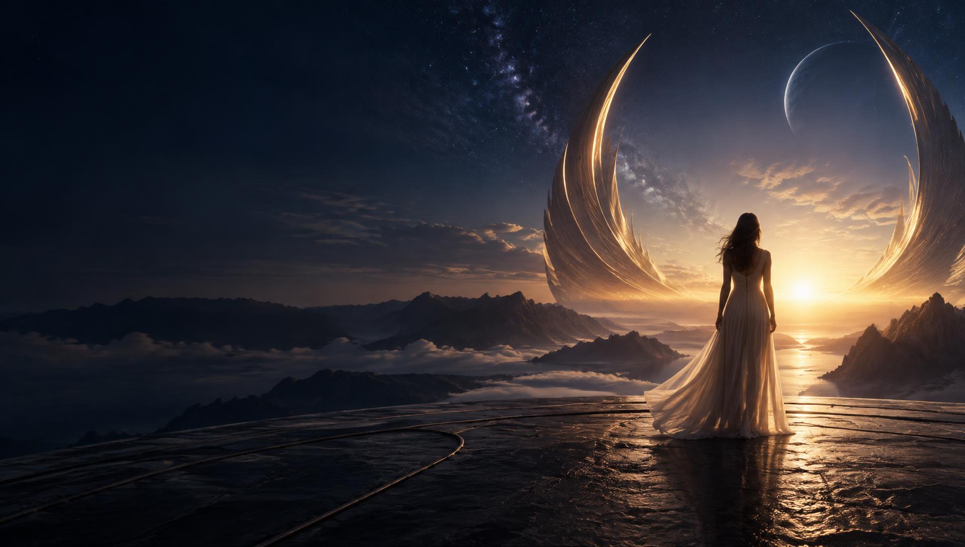 A woman looking toward the light at the edge of a celestial landscape