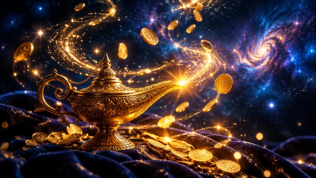 An antique golden genie lamp radiating light with golden coins orbiting it against a cosmic night sky
