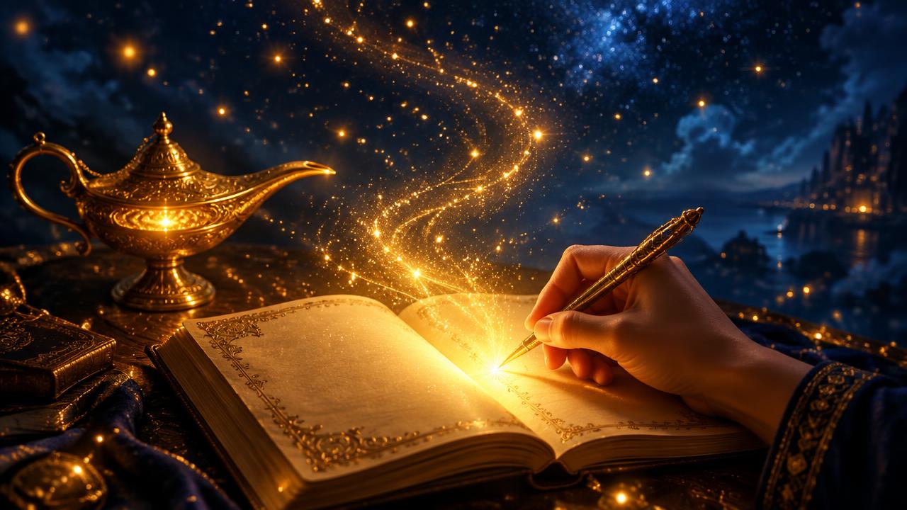 A hand writing glowing golden wishes in an ornate journal beside a golden genie lamp under a starry sky