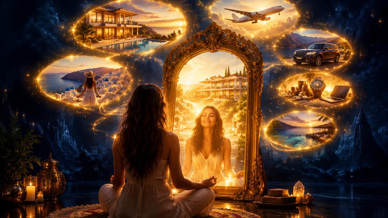 A woman meditating before an ornate golden-framed mirror reflecting her dream life in golden light